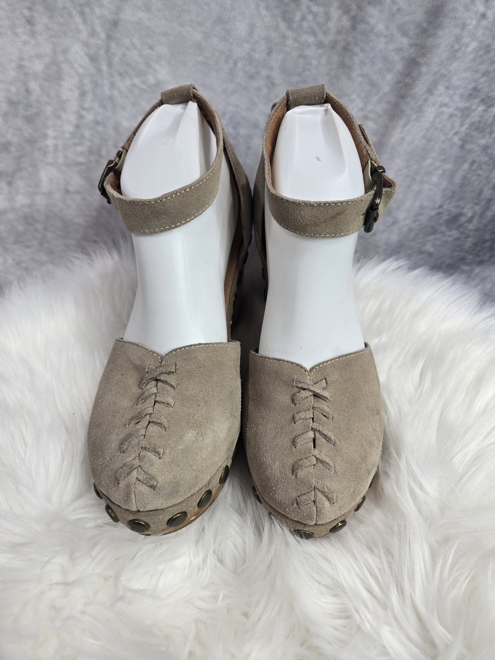 Jeffrey Campbell x Free People "Daubs" clogs feature a suede upper and antiqued
